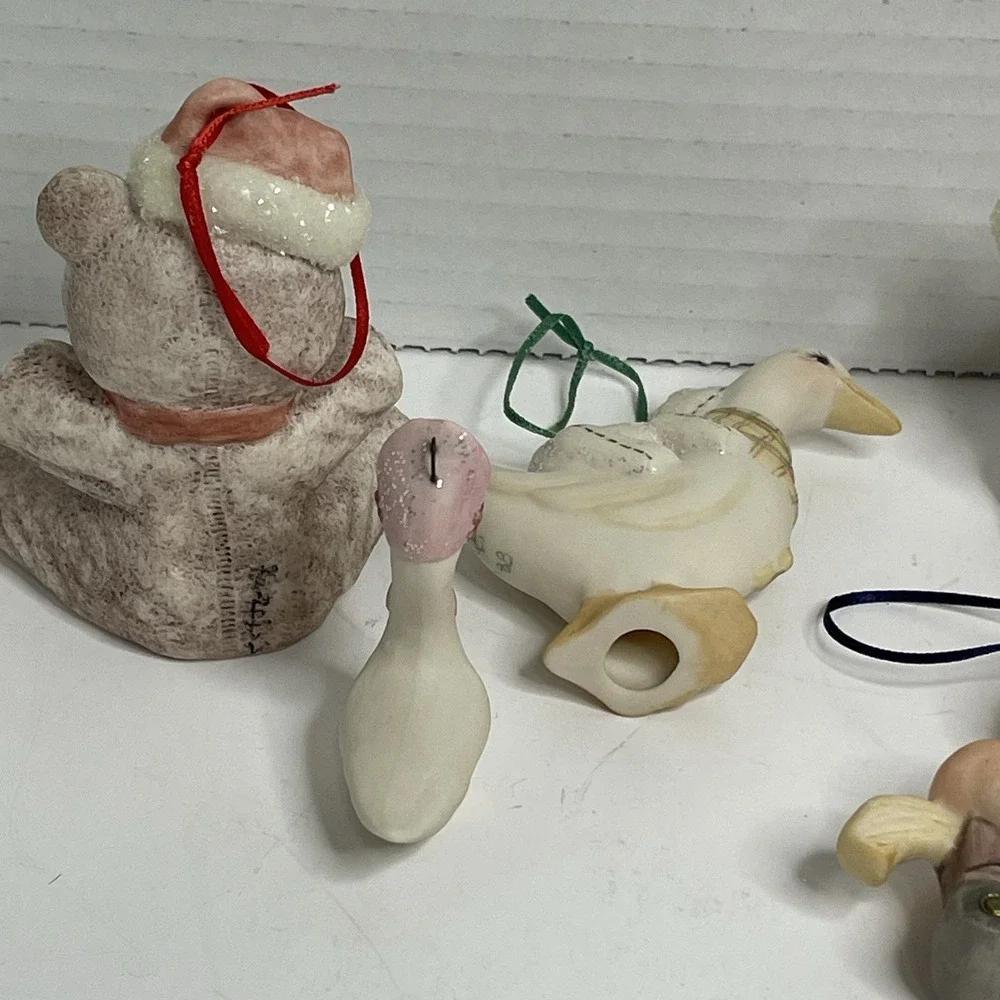 Porcelain Christmas Ornament Santa  Moon Animals Set 9 Vintage Hand Painted 2.5